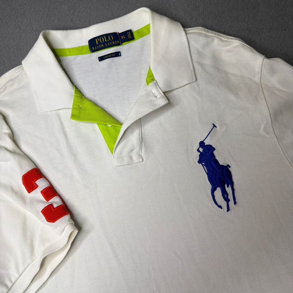 Polo Ralph Lauren Polo Shirt Mens XL White Big Pony Custom Fit Neon Trim 3 Patch